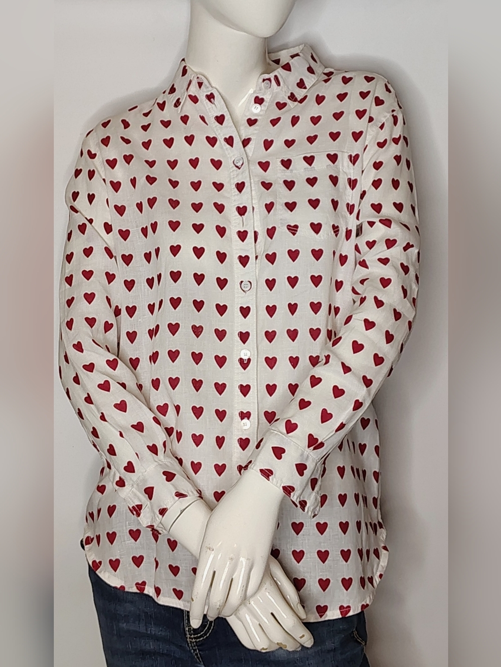 Burberry London Red Heart Print Linen Shirt Sz Large - Picture 16 of 16